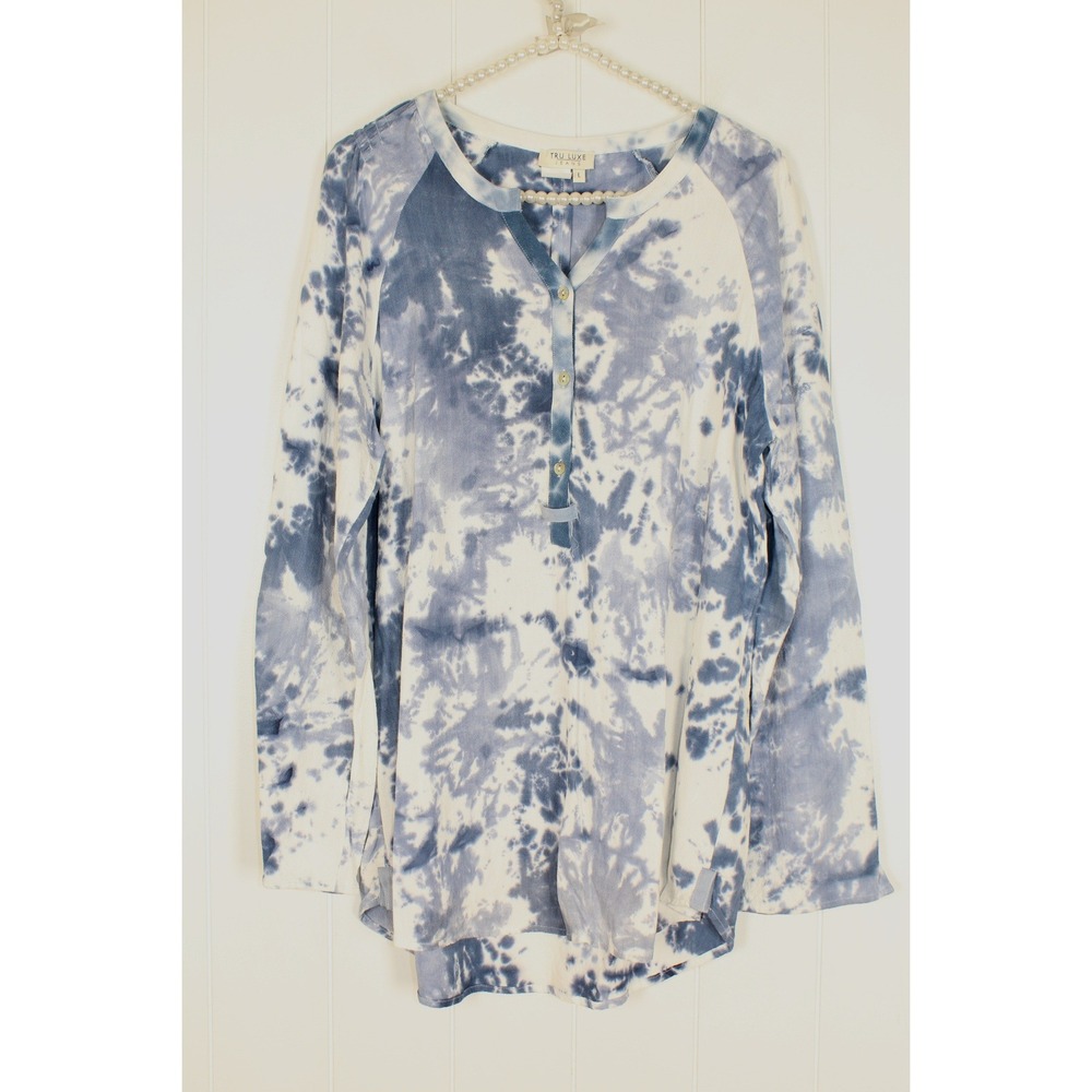 Tru Luxe Jeans Women's Henley Blue/White Tie Dye Tab Sleeves Viscose Linen Top L